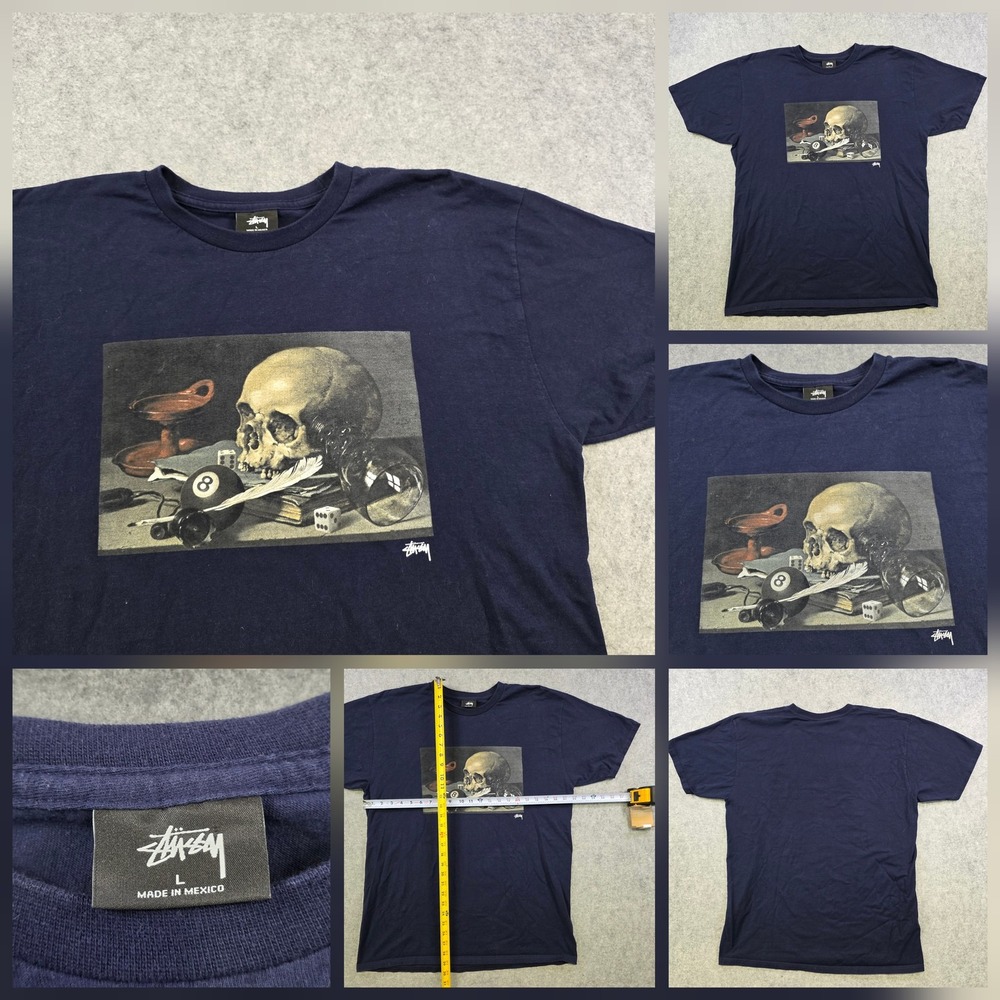 VTG Stussy T Shirt Mens Large Blue Skull 8 Ball Dice Graphic Streetwear Tee Art
